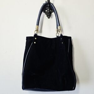 Oriflame Sweden Navy Blue Velvet Purse Leather Trimmed Tote Bag